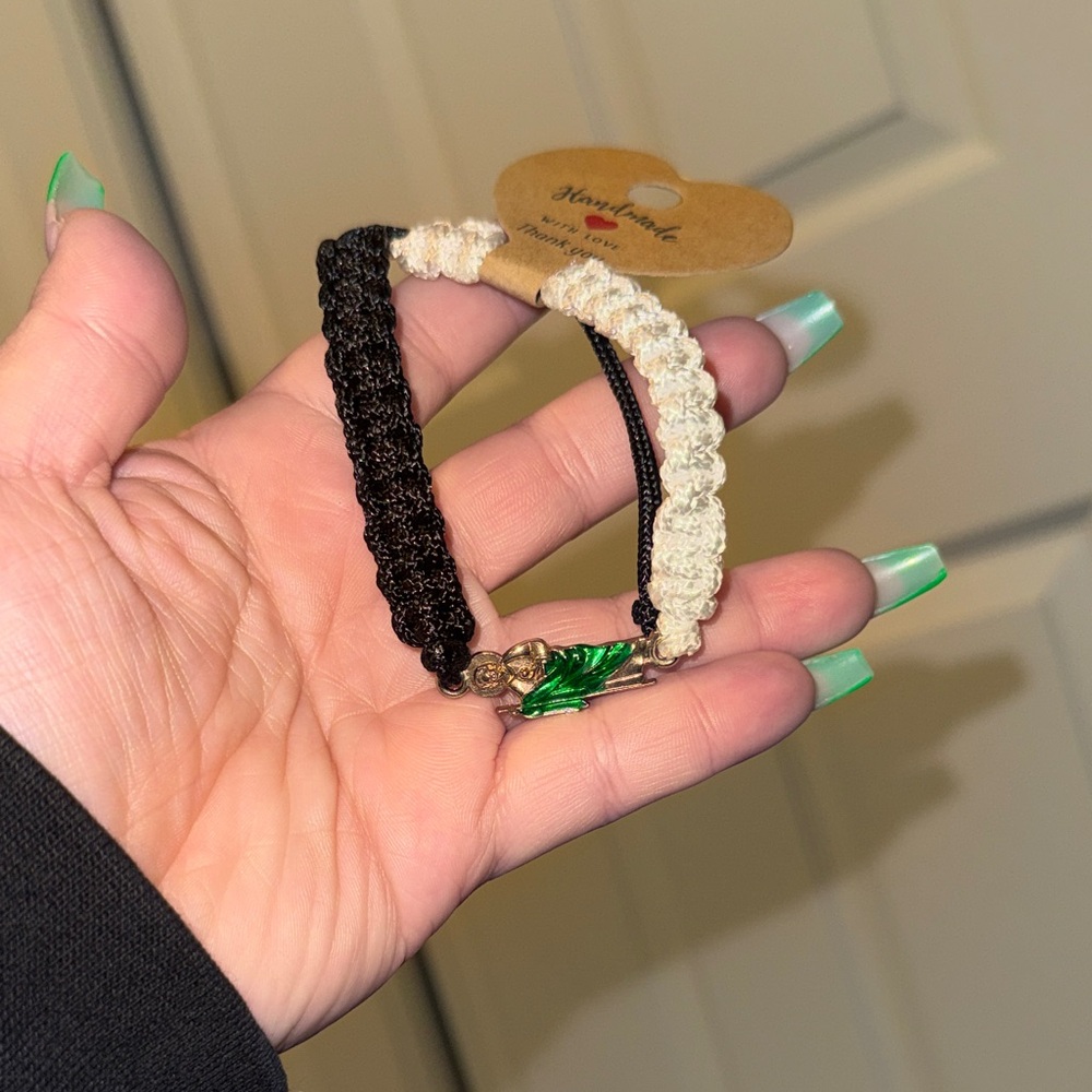 Handmade Black & White Braided Bracelet with Green Leaf Charm - Picture 1 of 2